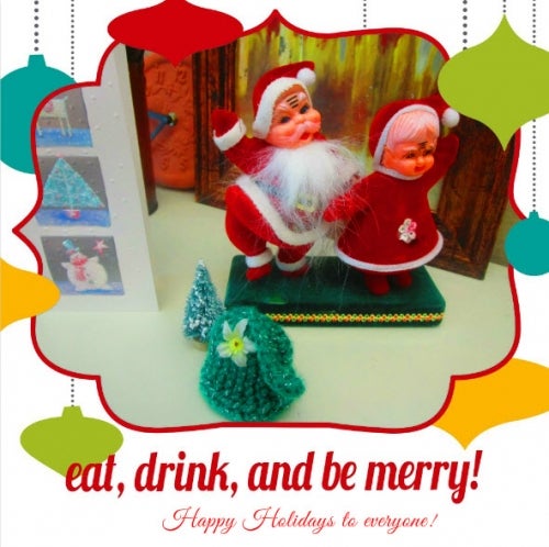christmas card with vintage santa dolls