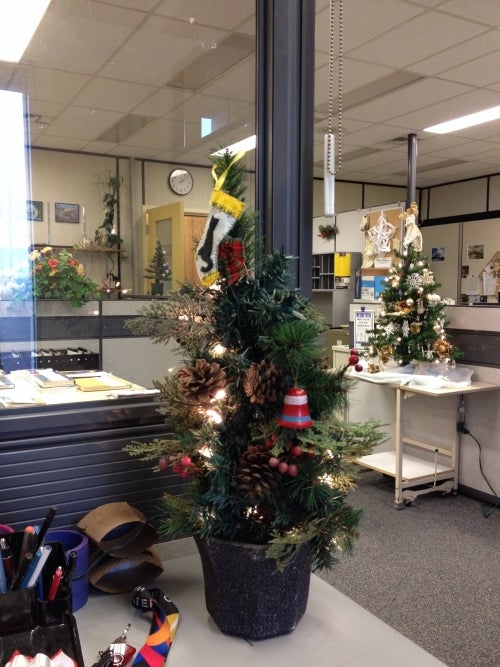 three Christmas trees in Resource Sharing office