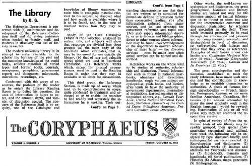A 1964 UW publication, The Coryphaeus writes about the Library's Reference Department