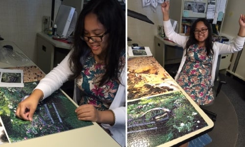 Alice Hoang completing a puzzle and celebrating.
