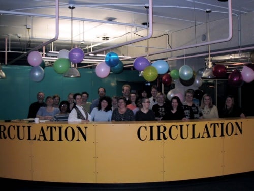 The old yellow Davis circulation desk before the 2004 renovations.