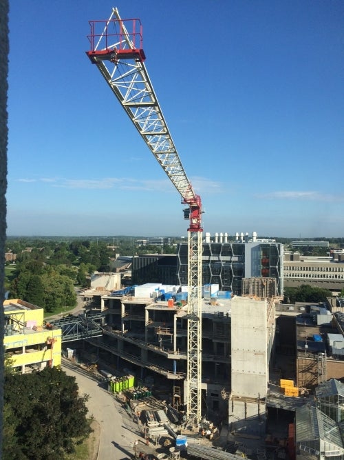 Photo of the construction crane taken from the 10th floor view of Dana Porter Library