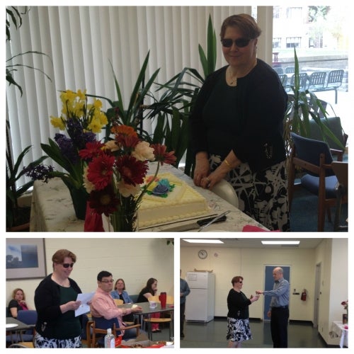 A collage of photos of Vicki Houley at her circulation farewell party.