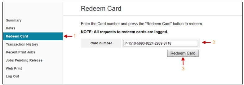 redeem card screen