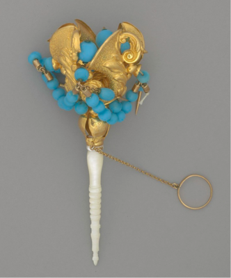 Bouquet holder, blue beads, mother of pearl handle