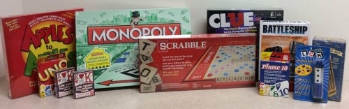 Variety of board games including Apples to Apples, Monopoly, Clue, Scrabble, etc.
