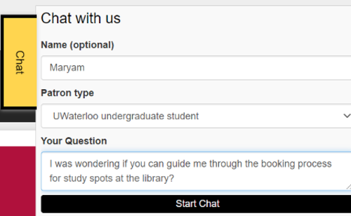 Chat icon opened and filled out by student