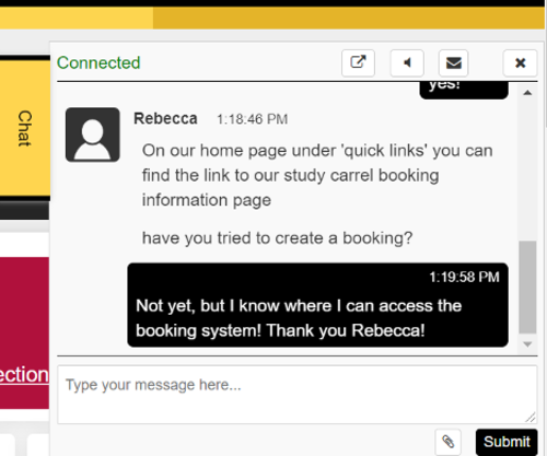 screengrab of chat icon being utilized. On going conversation betwen student and Library staff 