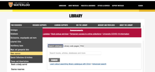 News Source navigation bar on UW library website