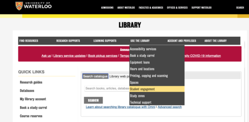 Student engagement navigation on UWaterloo library website