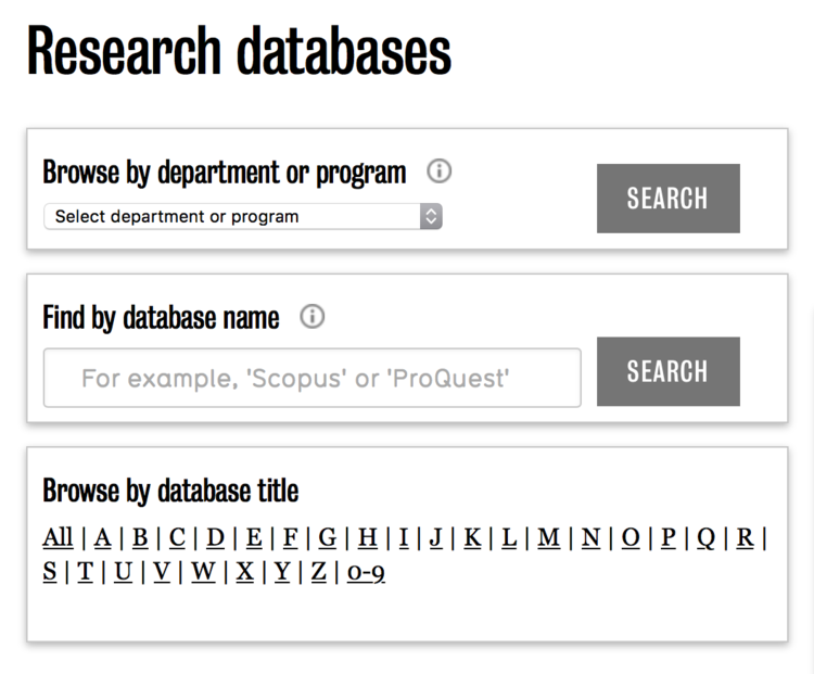 Screenshot of research databases page