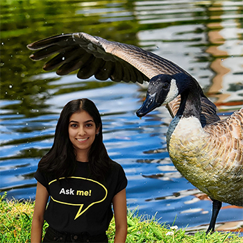 green screen example of student and goose