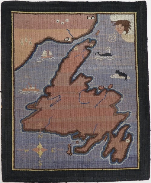 Grenfall mat: hooked mat depicts a stylized map of Newfoundland