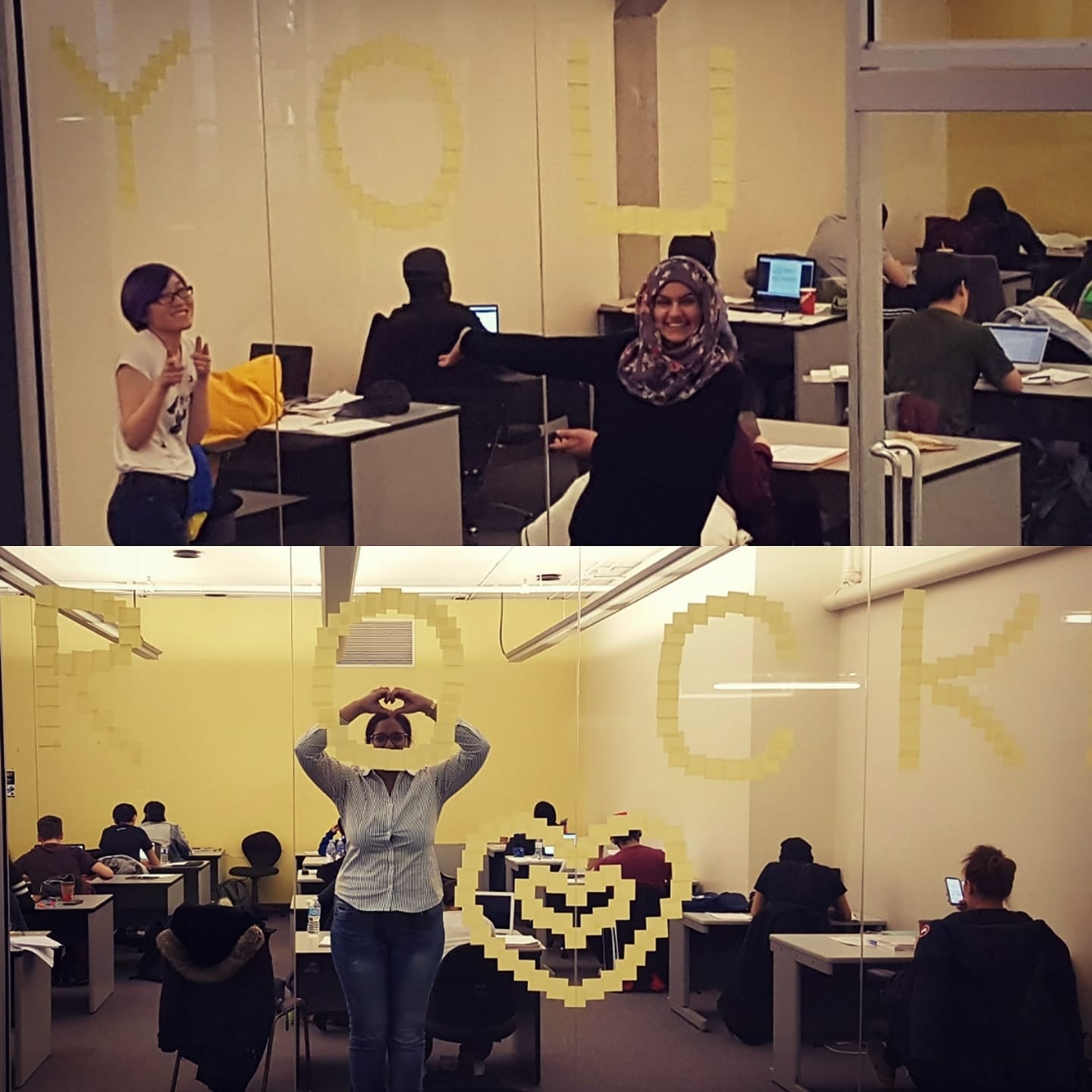students spelling out 'you rock' in sticky notes on a glass wall