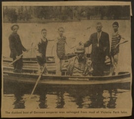Newspaper clip of Kaiser Wilhelm bust retrieved from lake.
