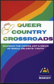 Cover of Queer Country Crossroads with rainbox themed background. 