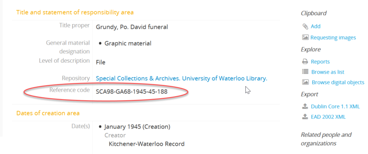 Screenshot of archives database record with reference code highlighted