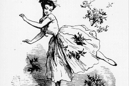 Illustration of woman dancing with plant imagery.