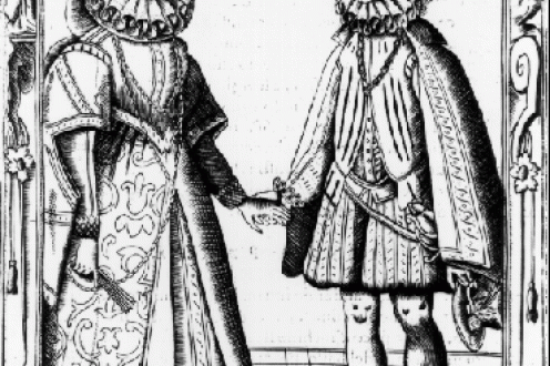 Ilustration of two figures in old formal attire.
