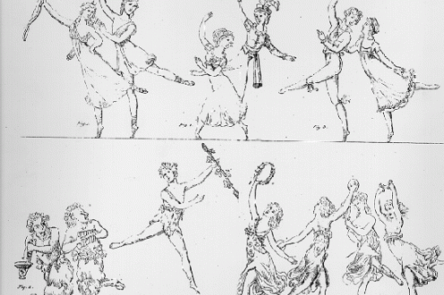 Illustration of figures dancing and holding instruments, including two satyrs.