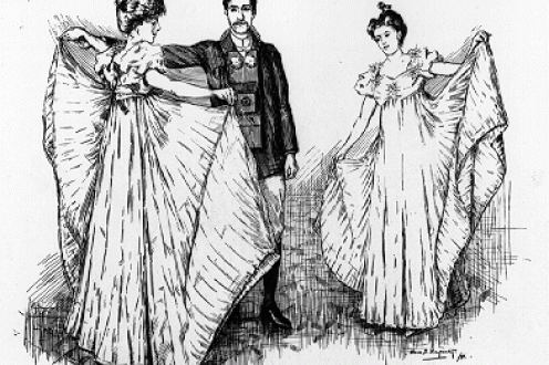 Gentleman with two ladies holding out long skirts.