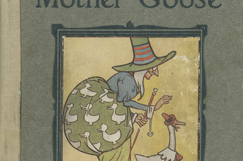 The front cover of the book "All About Mother Goose", demonstrating a character in a witch hat walking a leashed goose.