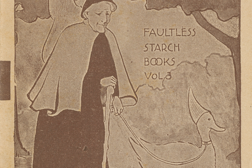 The front cover of the book "Mother Goose Rhymes" demonstrating a character in a black robe and pointed hat walking a goose.