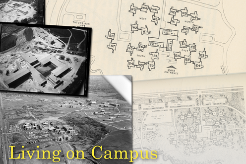 A collage of photos and maps related to residence buildings