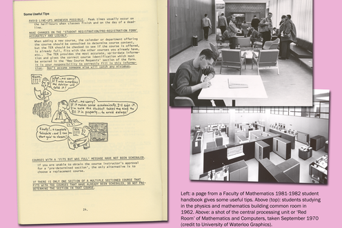 A page from a student's book with photographs depicting computers and students studying. Caption bottom right
