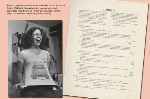 A photograph of a woman showing off her shirt and a page from a student's book, descriptive text upper left