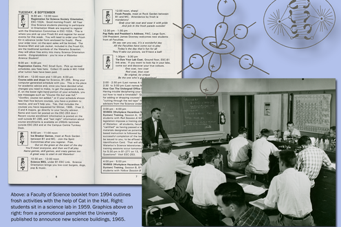A page from an orientation booklet. Scientific graphics. A photograph of students in a lab. Caption bottom right