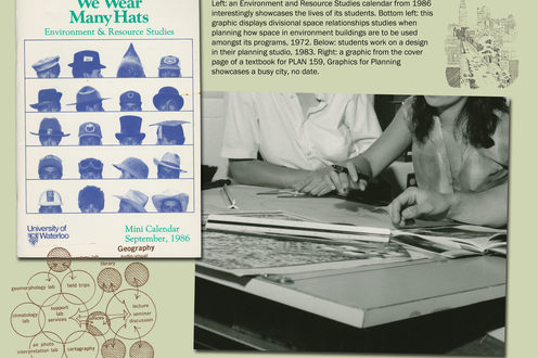 Cover of a student's book, photograph of students working, and graphics of a city and of student movement. Caption upper middle