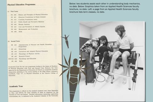 A page from a student's book lists course offerings; a photograph shows people studying the body. Descriptive text upper right.