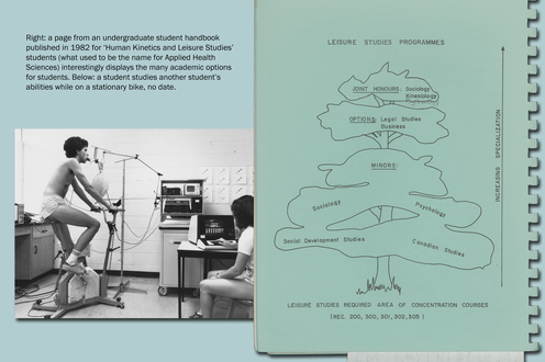 A photograph of students studying the body, a page from a student's book displaying academic options. Text upper left