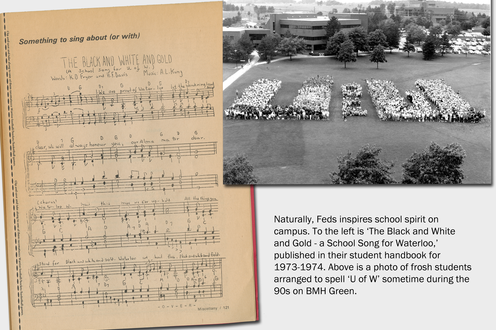 A page from a student's handbook displays music and a photograph shows students arranged to say 'U of W.' Caption bottom right
