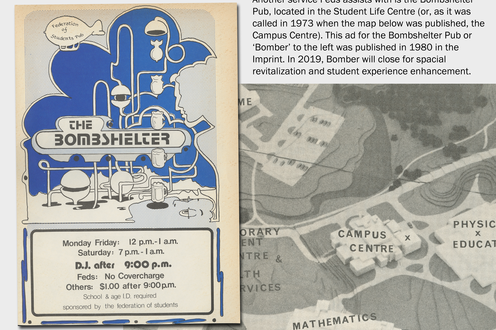 An ad for the Bombshelter Pub and a map of a part of campus. Descriptive text upper right