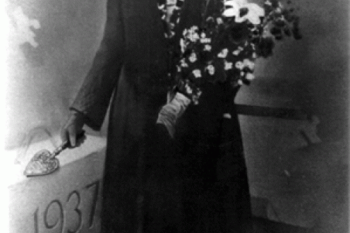 Mrs. Mary Kaufman with flowers.