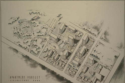 Drawing of buildings in Guildwood Village.