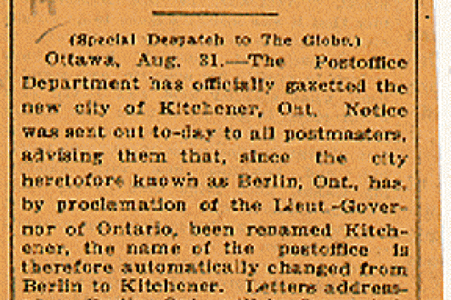 Name change news clipping: "Postoffice changes name to 'Kitchener.'"