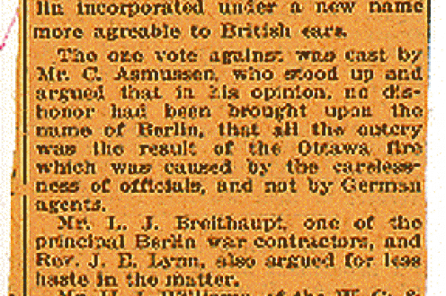 Name change news clipping: "Mass meeting urges city council to adopt more agreeable name."