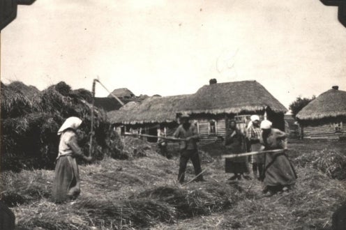 peasants threshing with flails