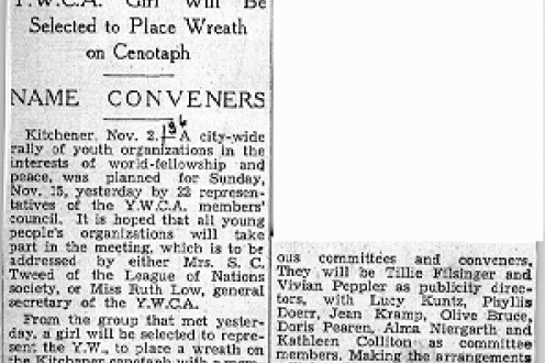 News clipping: "Kitchener plans rally of youth to help peace: YWCA girl will be selected to place wreath on cenotaph."