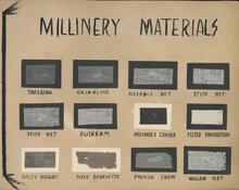 Page titled Millinery Materials, with samples of various types of netting