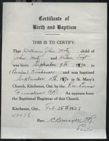 John William Motz's Birth and Baptism Certificate.