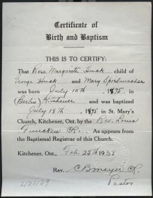 Rose Huck Birth and Baptism Certificate.