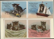 Canadischer Kolonist, blue, and Ontario Glocke newspapers, green and pink, advertising cards with pictures of kittens..
