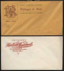 Orange Rittinger & Motz envelope and white Berliner Journal envelope.