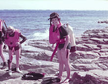Lydia Dotto learning to dive and earning scuba certification in the Bahamas prior to diving in the Arctic in May 1974