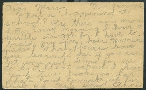 Verso of postcard with handwritten message in pencil
