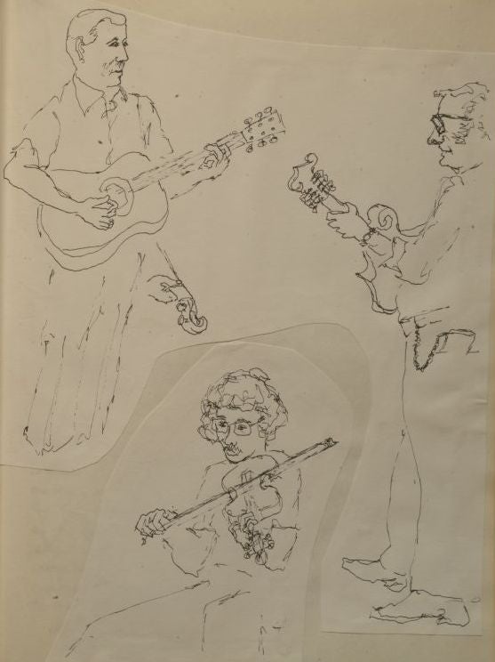 Sketch of three musicians, two standing guitar players, and one seated fiddler.
